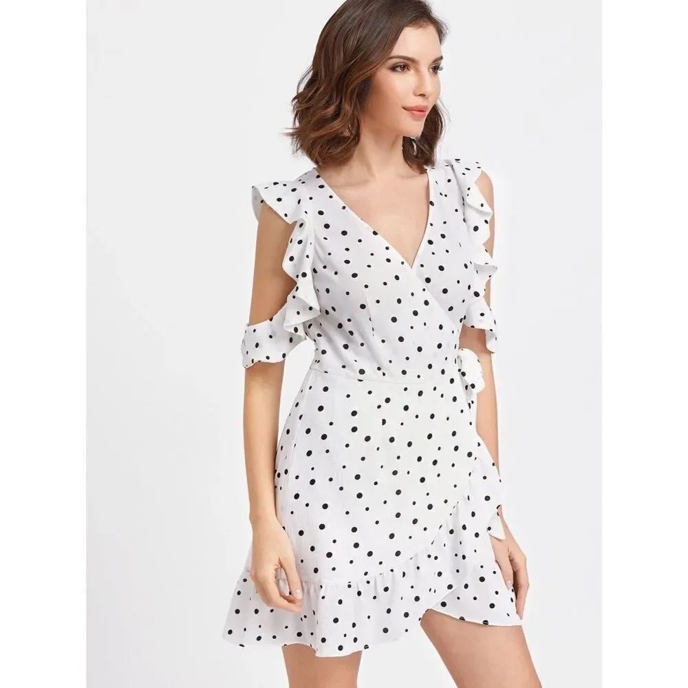 ✨PolkaDot Open Shoulder Ruffle Trim Wrap Dress✨